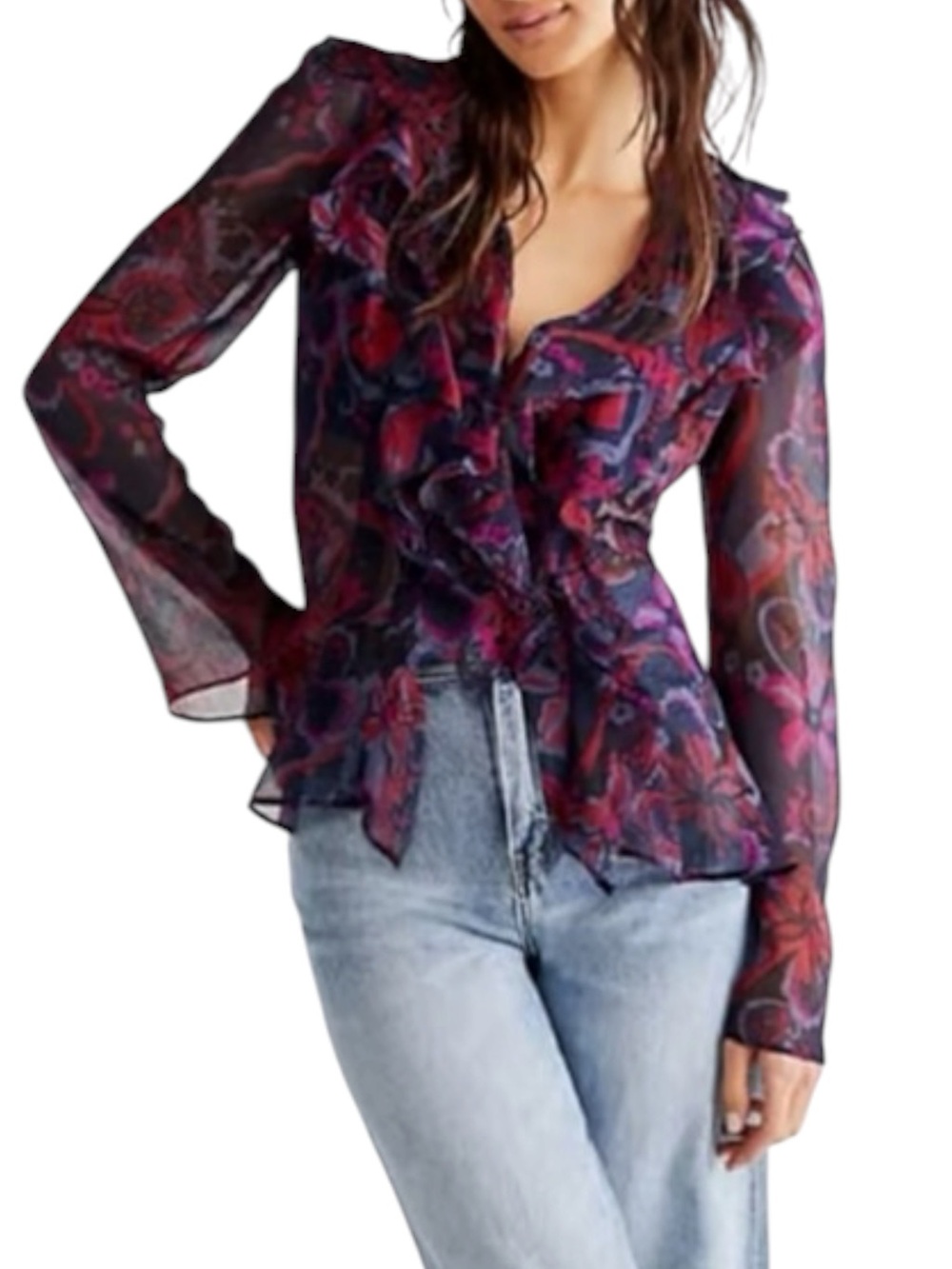 Free People Nina Paisley Blouse Purple Red Sheer Medium Whimsigoth Ethereal